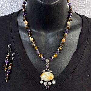 Handmade Necklace & Earrings 925 Silver Tigers Eye Amethyst Quartz Natural Stone